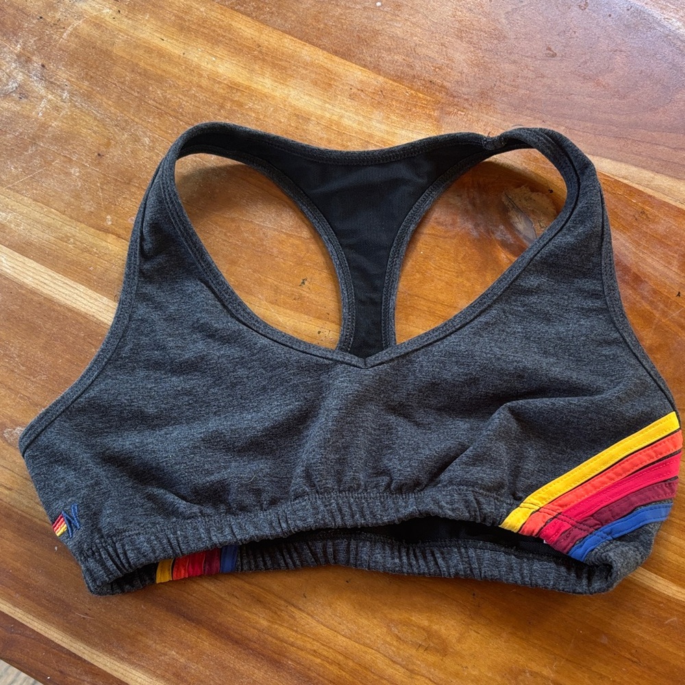 Aviator Nation Charcoal Sports Bra with Multicolor Stripes